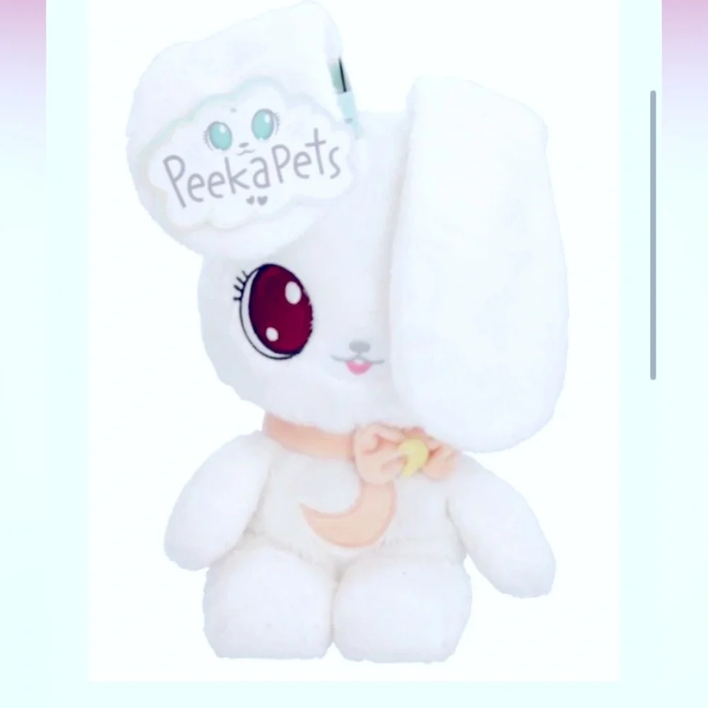 🌛🐰PeekaPets🐰🌜PEEK-A-BOO BUNNY PLUSH white w/peach ears/moon/bow tie✨NWT✨